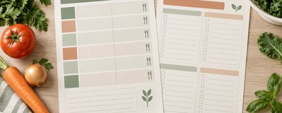 Cardápio semanal e lista de compras em páginas organizadas.