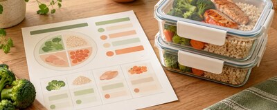 Controle de porções ao lado de recipientes de comida organizados.