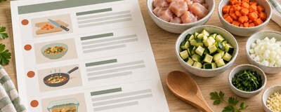 Roteiro de preparo organizado ao lado de ingredientes separados.