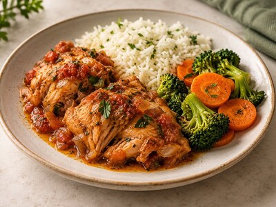 Refeição caseira com frango e acompanhamentos servida em prato.