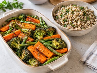 Legumes assados e acompanhamentos coloridos em travessas caseiras.