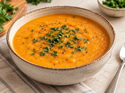 Tigela de sopa cremosa caseira servida com colher.