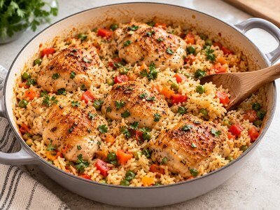 Refeição de uma panela com frango, arroz e legumes.